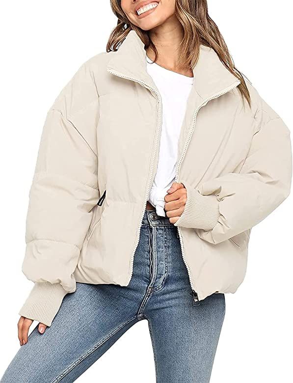 MEROKEETY Women's Winter Long Sleeve Zip Puffer Jacket Pockets Baggy Short Down Coats | Amazon (US)