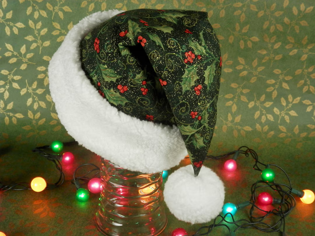Green Santa Hat, Green Christmas Holly and Red Berries with Gold Sparkle Glitter, Festive Adult S... | Etsy (US)