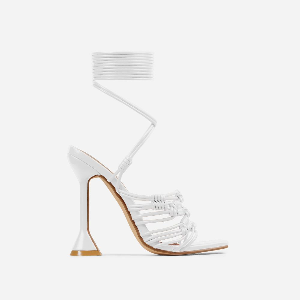 Baylands Lace Up Knotted Strap Detail Square Toe Sculptured Heel In White Faux Leather | EGO Shoes (US & Canada)