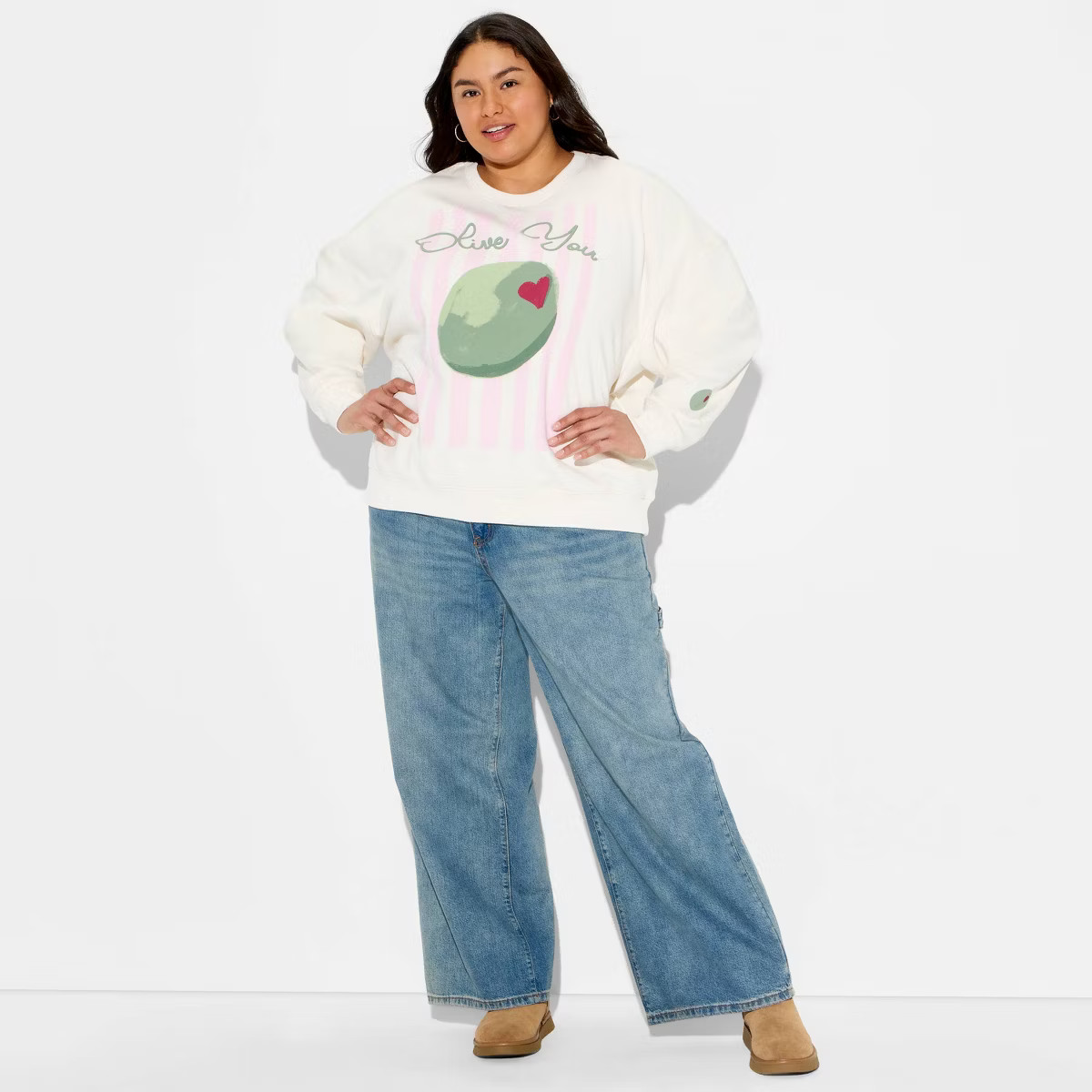 Women's Olive Fleece Graphic Pullover Sweatshirt - Cream | Target