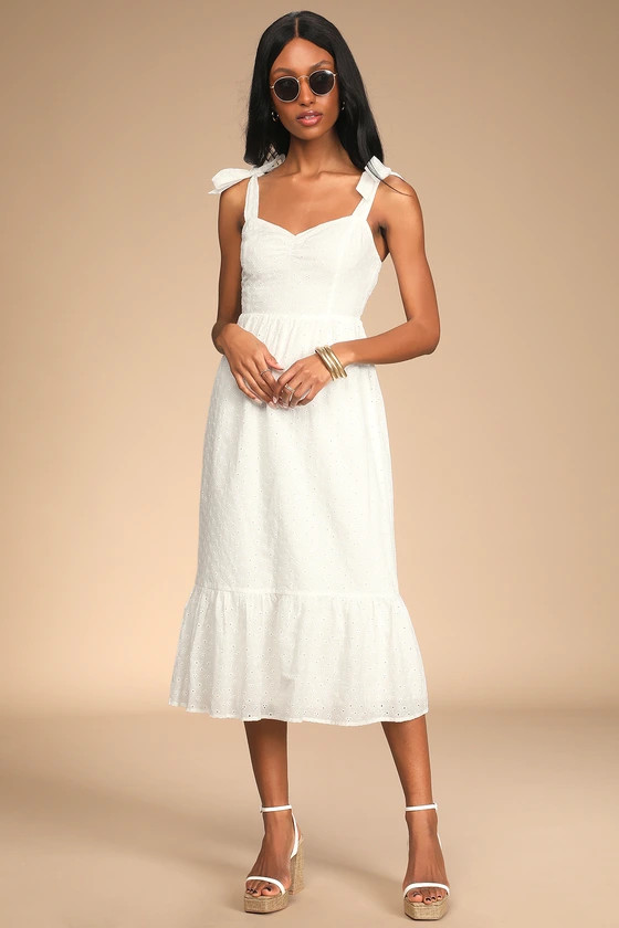 Fairytale Feeling White Eyelet Tie-Strap Tiered Midi Dress | Lulus (US)