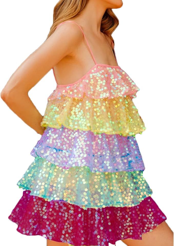 Multitrust Women Sequin Glitter Layered Mini Dress Spaghetti Strap Sparkle Party Clubwear Dresses | Amazon (US)