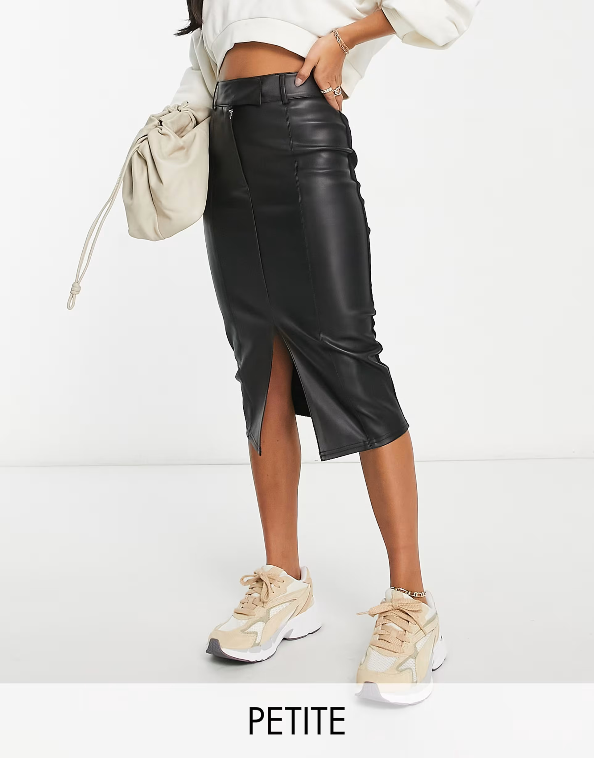 River Island Petite faux leather pencil midi skirt in black | ASOS (Global)