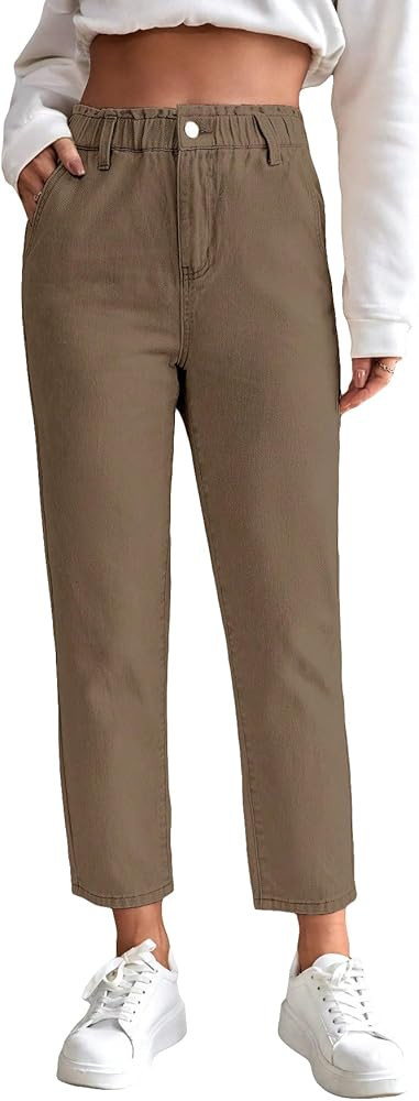 SweatyRocks Women's Casual High Elastic Waist Tapered Mom Jeans Cropped Denim Pants | Amazon (US)