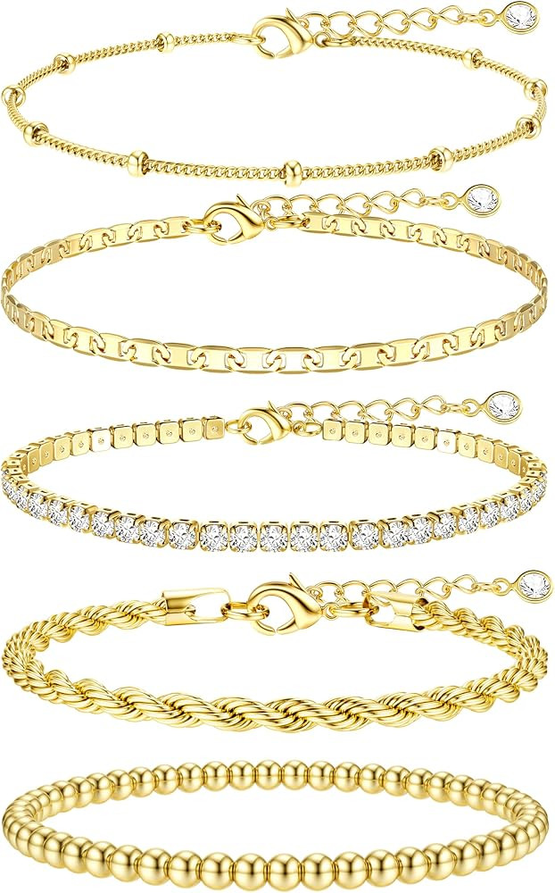 TEN MIRO 16k Chunky Gold Plated Bracelets for Women Non Tarnish,Womens Gold Plated Bracelet Stack... | Amazon (US)