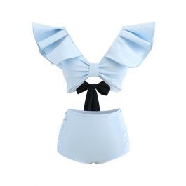 Plunging V-Neck Bowknot Ruffle Trim Bikini Set | Chicwish