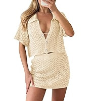 Saodimallsu Womens 2 Piece Cover Up Set Crochet Beach Summer Knit Button Short Sleeve Crop Top Mi... | Amazon (US)