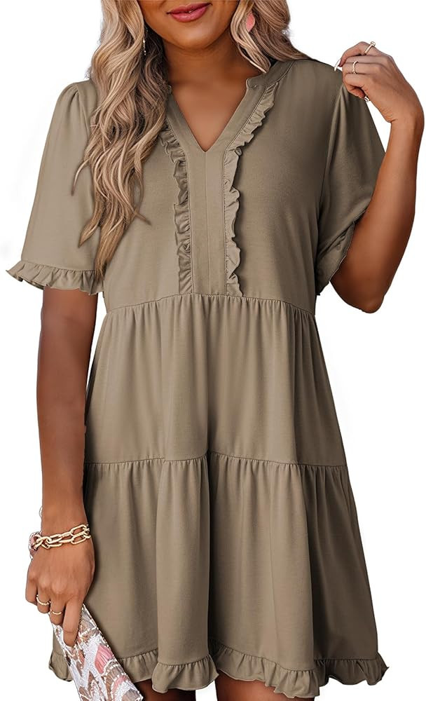 Dokotoo Womens Dresses 2025 Summer Spring V Neck Short Sleeve Casual A Line Flowy Swing Shift Dre... | Amazon (US)