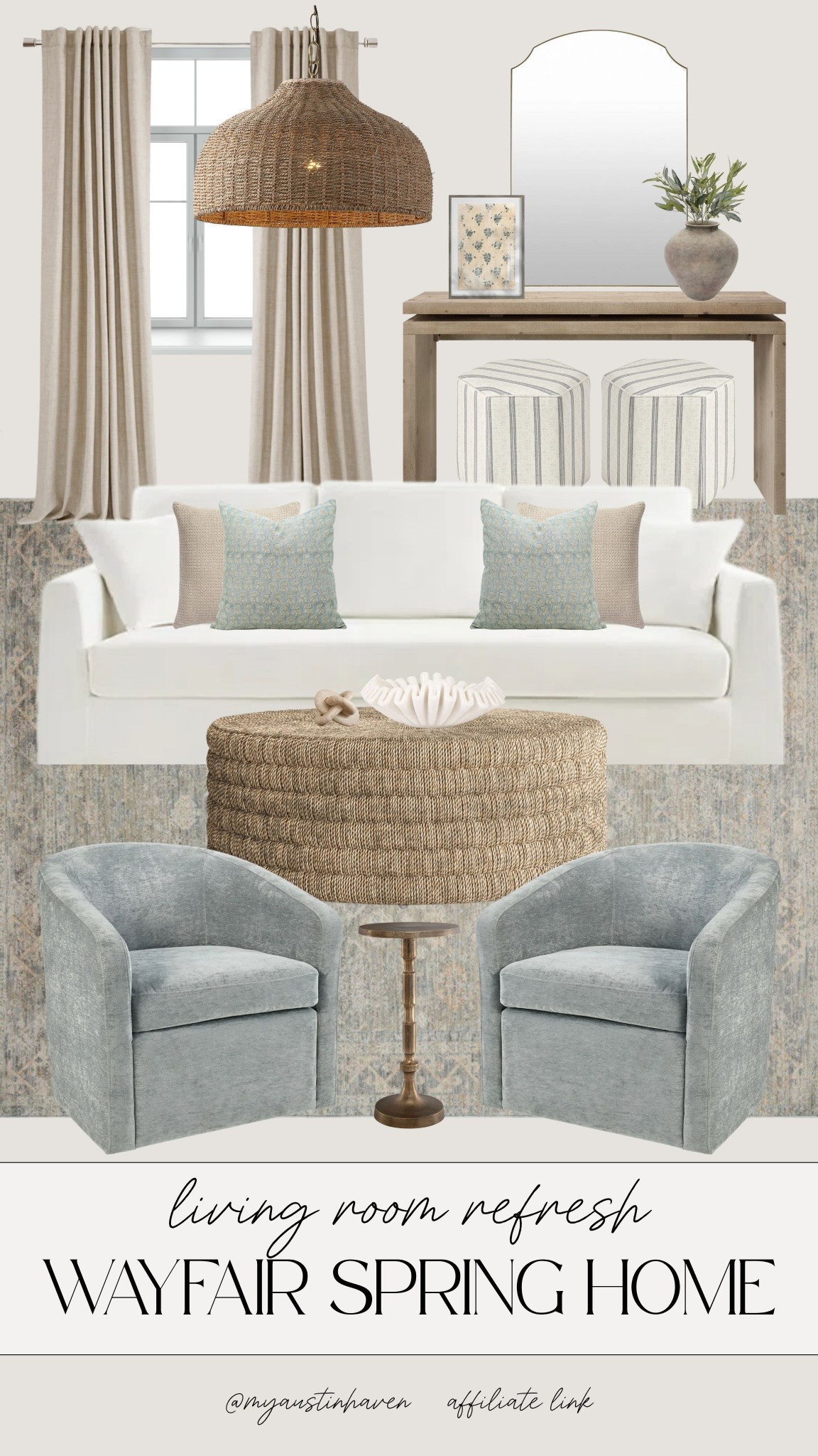 Fresh living room refresh finds from Wayfair. 🤍 Soft blue accents, woven textures and classic neutral pieces that make it easy to give your space a light and airy spring update.

Wayfair home finds, spring living room decor, neutral living room style, woven ottoman, accent chairs, blue throw pillows, console table decor, striped stools, pendant lighting, textured rug, coastal living room, classic home style, modern traditional decor, neutral home refresh, spring home update. 

 #LTKSpringSale 

#LTKSaleAlert #LTKHome #LTKSeasonal