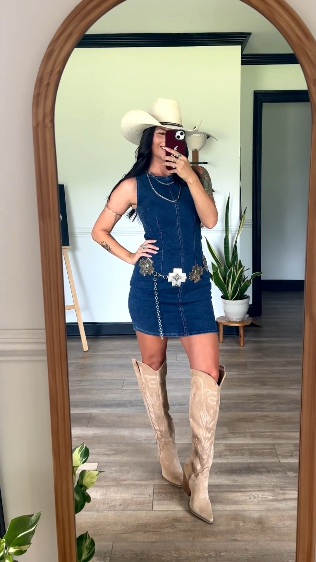 Denim mini dress paired with tan knee high boots (code LORILYNN35 or LORIG30) dress is stretchy wearing xs! Belt is old so linked similar 

#LTKSeasonal #LTKgrwm #LTKootd