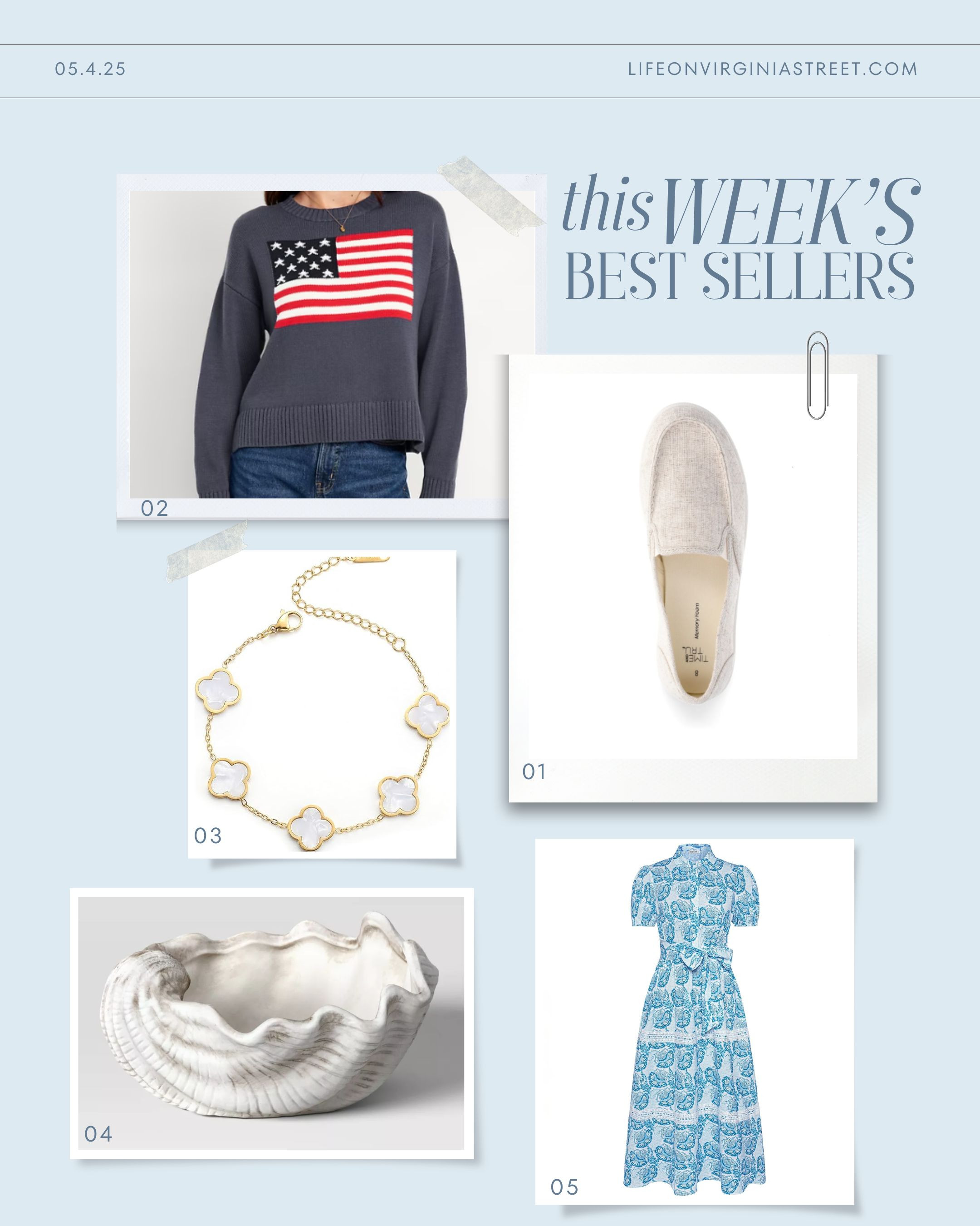 This week's bestsellers include my favorite under $10 comfy loafer sneakers, my American flag sweater (also comes in white), this chic clover bracelet, our seashell planters, and the cutest shirtdress for spring! #ltkhome #ltksalealert #ltkseasonal #ltkfindsunder50 #ltkfindsunder100 #ltkstyletip #ltkworkwear #ltkwedding #ltkparties #ltkover40 #ltkmidsize 

 

#LTKSeasonal #LTKHome #LTKFindsUnder50