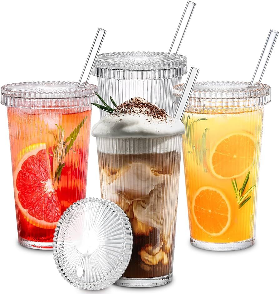 Combler Glass Cups with Lids and Straws, 12 oz Iced Coffee Cup for Coffee Bar Accessories, Ribbed Glasses Drinking Set of 4, Glass Tumbler with Straw and Lid for Home Decor, Birthday Gifts for Women | Amazon (US)