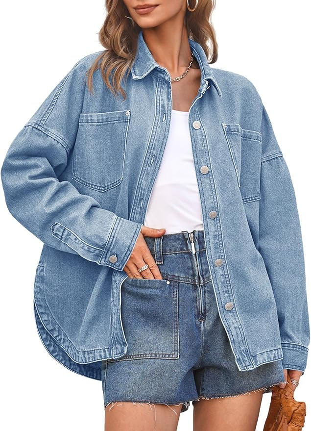 PLNOTME Women's Oversized Denim Jacket Long Sleeve Vintage Button Down Boyfriend Jean Jacket | Amazon (US)