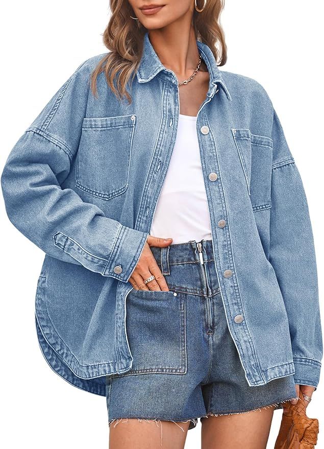 PLNOTME Women's Oversized Denim Jacket Long Sleeve Vintage Button Down Boyfriend Jean Jacket | Amazon (US)