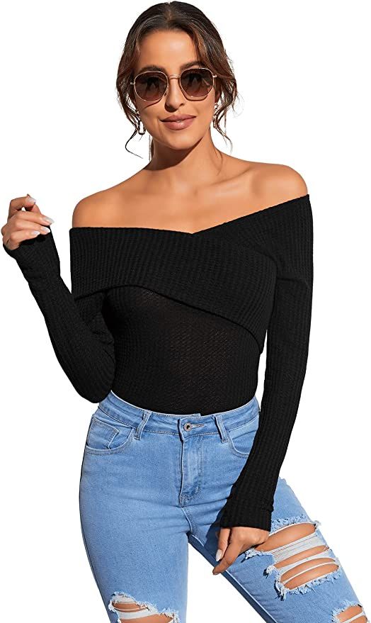 Romwe Women's Casual Cross Off Shoulder Deep V Neck Ribbed Knit Slim Wrap Tee Shirt Blouse | Amazon (US)