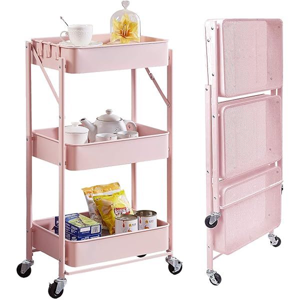 Asunflower Rolling Cart Foldable Kitchen Trolley 3 Tier Storage Shelf with Wheels Pink Utility Se... | Amazon (US)