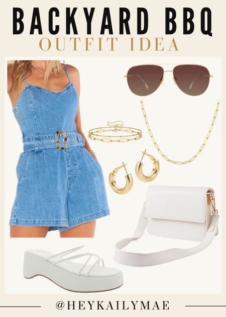 Outfit idea for a summer backyard BBQ! ☀️ | summer outfits, denim romper, gold jewelry, Amazon finds, sunglasses, crossbody bag, platform sandals, sandals, outfit inspo, outfits for women, cute outfit, outfit idea for summer, summer style, summer fashion, summer looks, summer outfit idea. 

#LTKshoecrush #LTKSeasonal #LTKstyletip