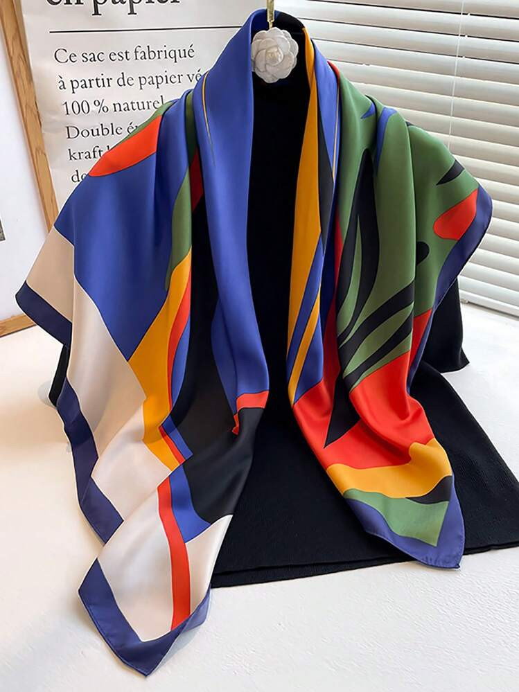 1pc Women 90cm Jacquard Abstract Color Block Print Satin Square Scarf, New Bohemian Style Fashion... | SHEIN