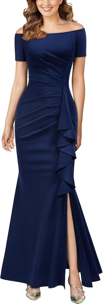 AISIZE Women's Elegant Off Shoulder Ruffle Formal Evening Long Dress | Amazon (US)