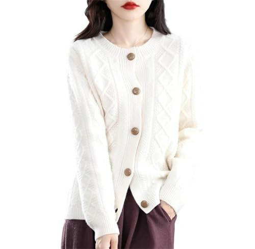 Women's Merino Wool Knitted Cardigan Winter Round Neck Cardigan Sweater White M | Amazon (US)