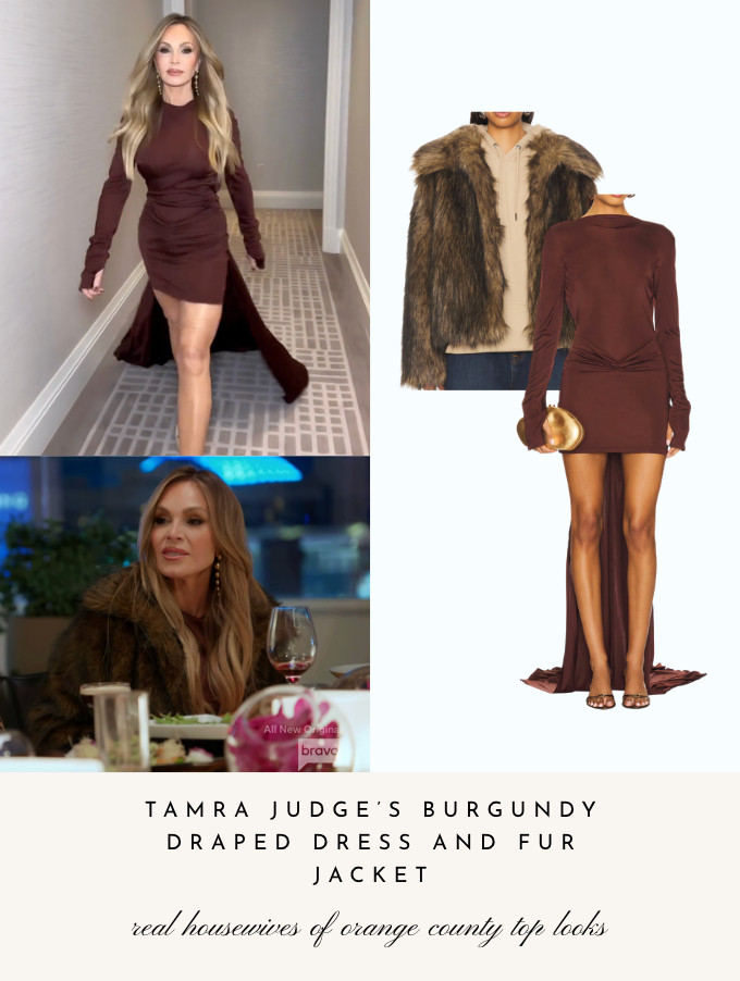 Tamra Judge's Burgundy Draped Dress and Fur Jacket // Top 📸= @tamrajudge 

 