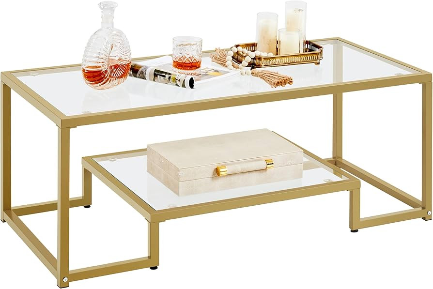 Yaheetech Gold Coffee Table, 42" Rectangular Glass Coffee Table for Living Room, 2-Tier Center Te... | Amazon (US)