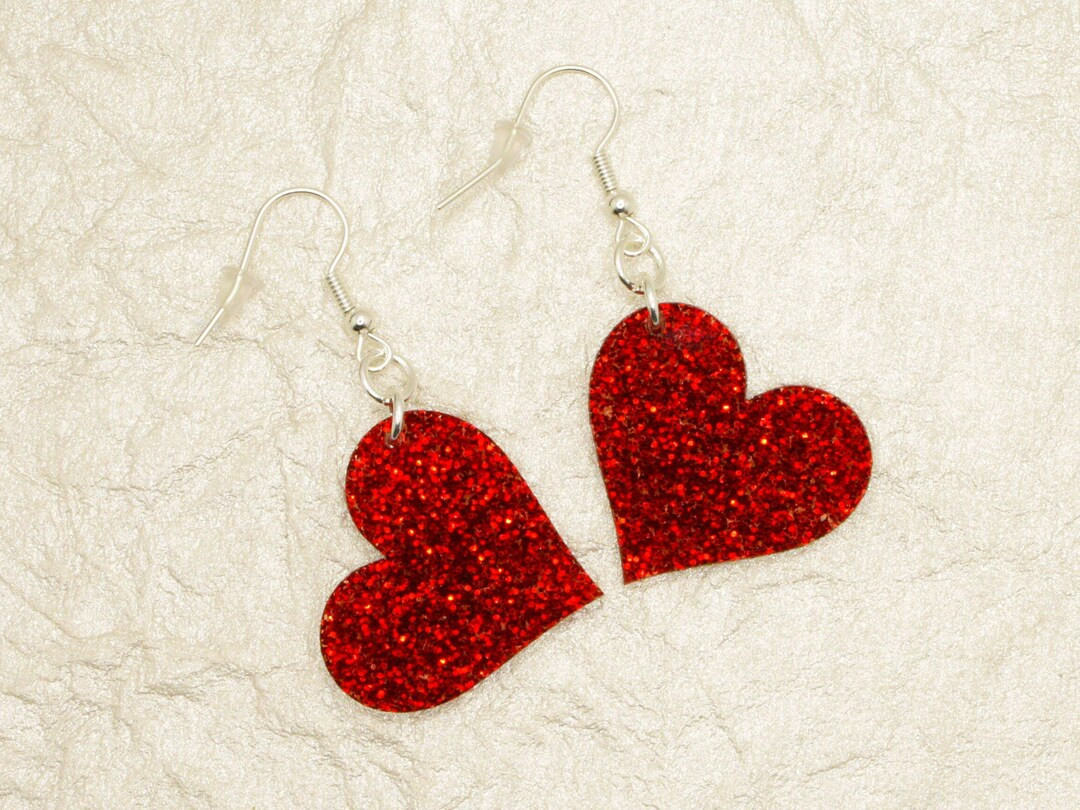 Glitter Heart Earrings, Valentine's Day Earrings, Heart Dangle Acrylic Earrings, Heart Jewelry, V... | Etsy (US)