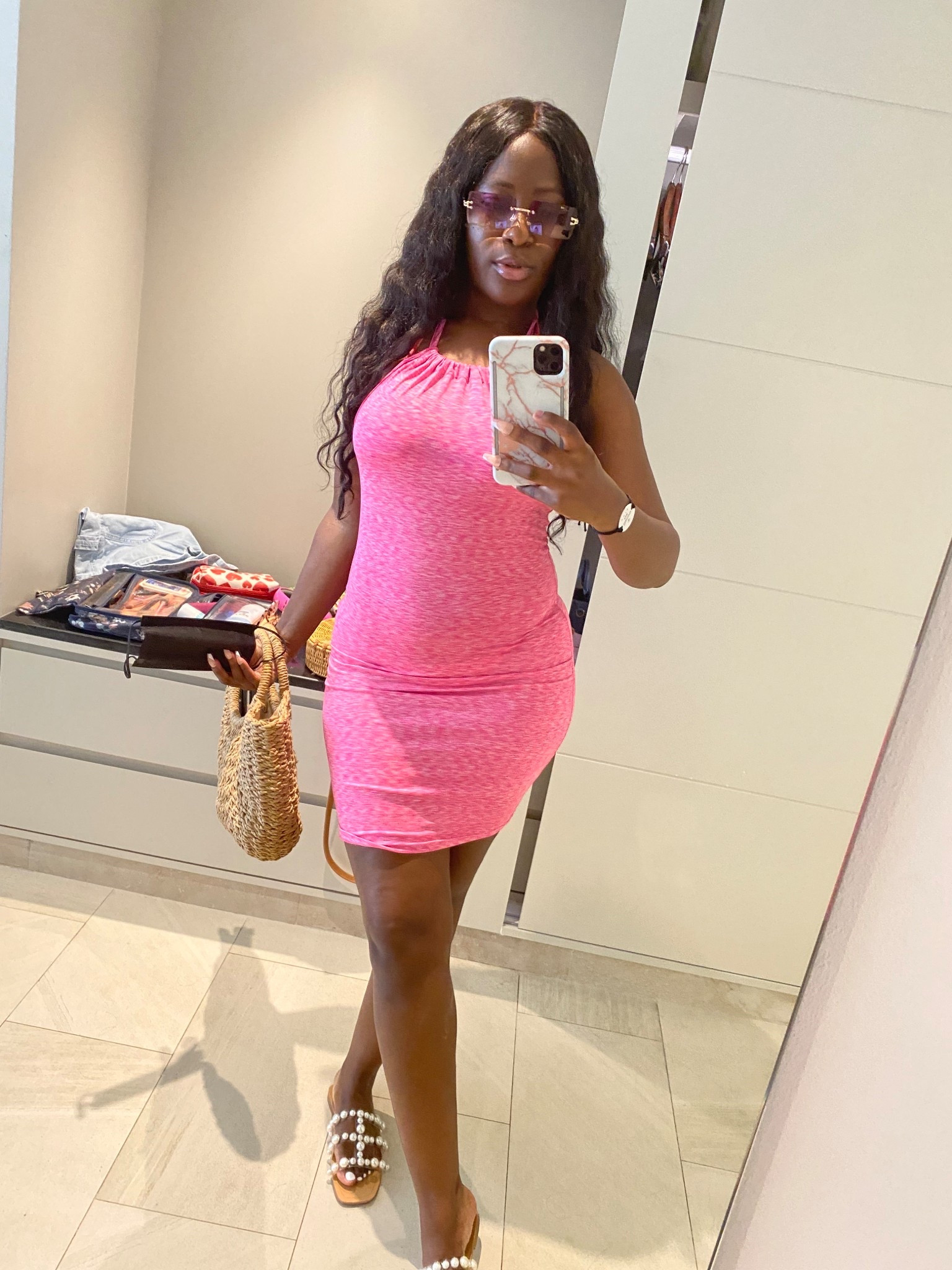 Pink halter mini dress // white Pearl sandals// pink sunglasses // brown straw beach bag

#LTKTravel #LTKootd #LTKFindsUnder50