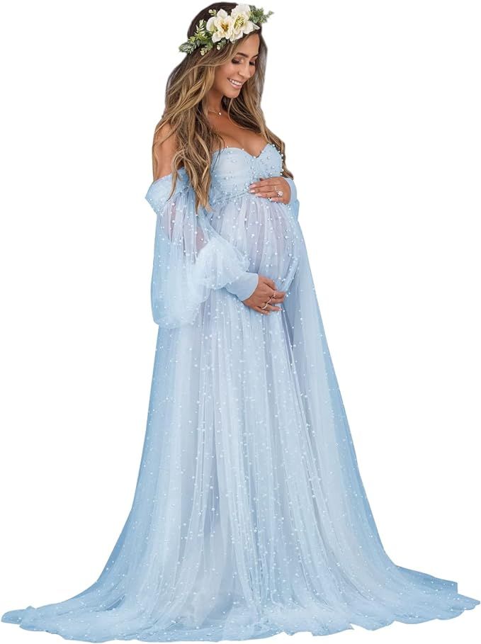 Pearl Tulle Maternity Dress for Photoshoot Long Puffy Sleeve Off Shoulder Babyshower Bridal Pregn... | Amazon (US)
