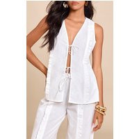 White Tie Front Linen Look Sleeveless Top | PrettyLittleThing US