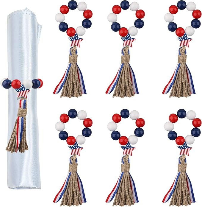6 Pieces Patriotic Napkin Ring Independence Day Wood Beads Napkin Holder Farmhouse Country Napkin... | Amazon (US)