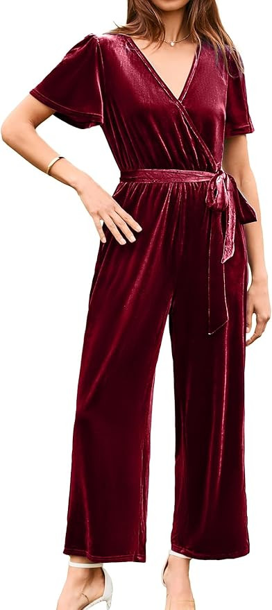 BerryGo Women's Velvet Jumpsuits For Women Dressy V Neck Short Sleeve Belted One Piece Fall Wide ... | Amazon (US)