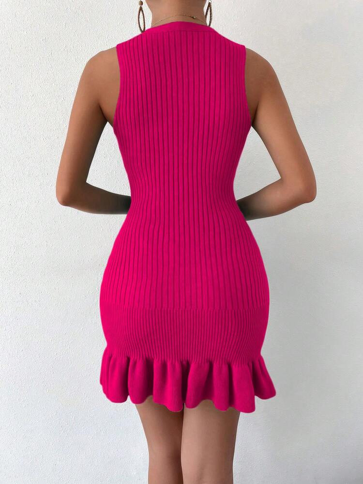 Breezaya Ruffle Hem Ribbed Knit Sweater Dress Without Belt For New Year Clothes | SHEIN