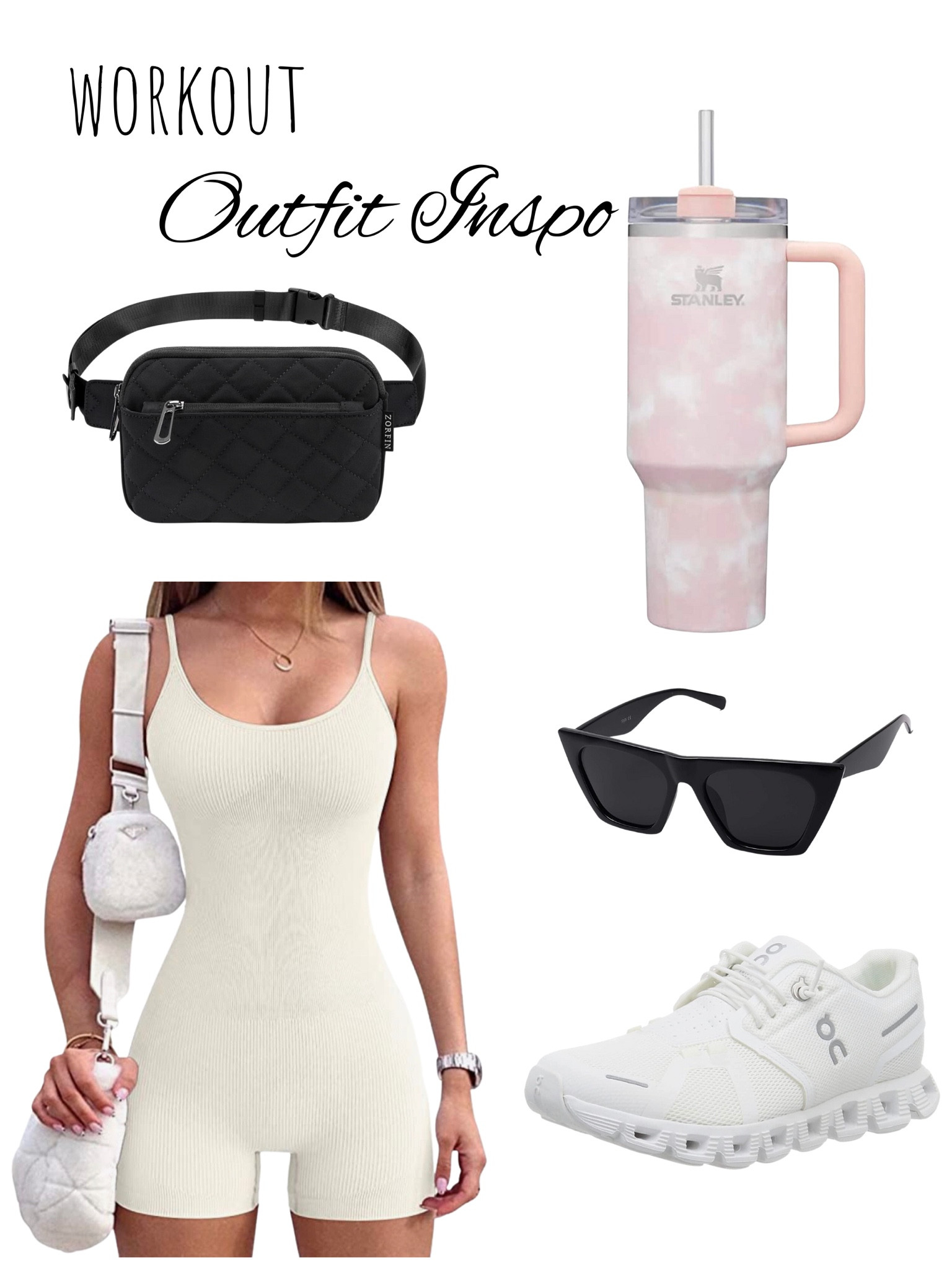 Workout cute outfit. On the go look. Workout. White workout onsie. Tennis shoes. Cross body Fanny pack. Stanley cup. Favorite sunglasses. 

#LTKstyletip #LTKfit #LTKFind