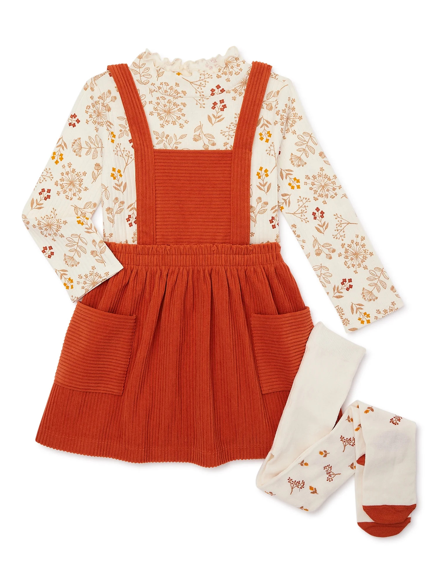 Wonder Nation Toddler Girl Velvet Pinafore, Top and Tights Outfit Set, 3-Piece, Sizes 12M-5T | Walmart (US)