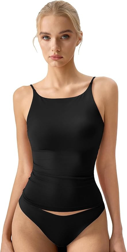 Womens Double Lined Tank Tops Boat Neck Adjustable Spaghetti Straps Bodycon Camisole Shirts | Amazon (US)
