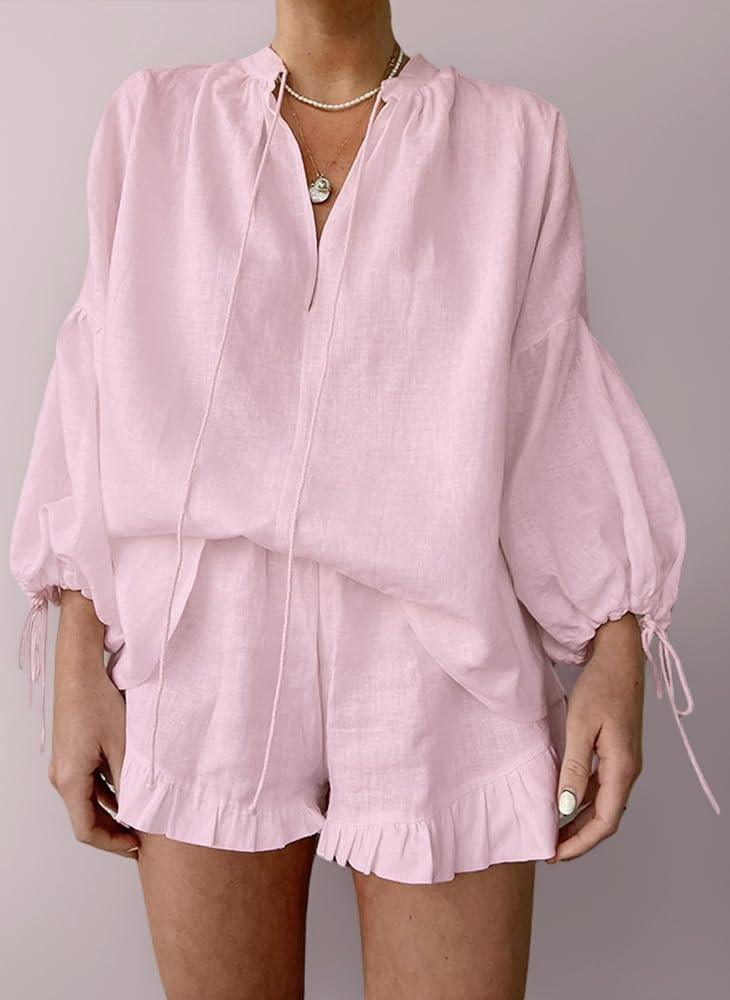 FeMereina Linen Shorts Sets Women 2 Piece Outfits Long Sleeve Tie Front Tops and Ruffled Boxer Sh... | Amazon (UK)