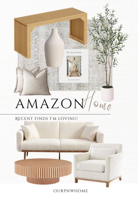 Recent spring home favorites from Amazon!

Amazon home, boucle sofa, ivory loveseat, white couch, fluted coffee table, round coffee table, white accent chair, armchair, green area rug, washable area rug, faux olive tree, faux tree, faux greenery, wood bench, neutral home, white vase, coffee table book, home design books, neutral throw pillows, fringe throw pillows

#LTKHome #LTKStyleTip #LTKSeasonal