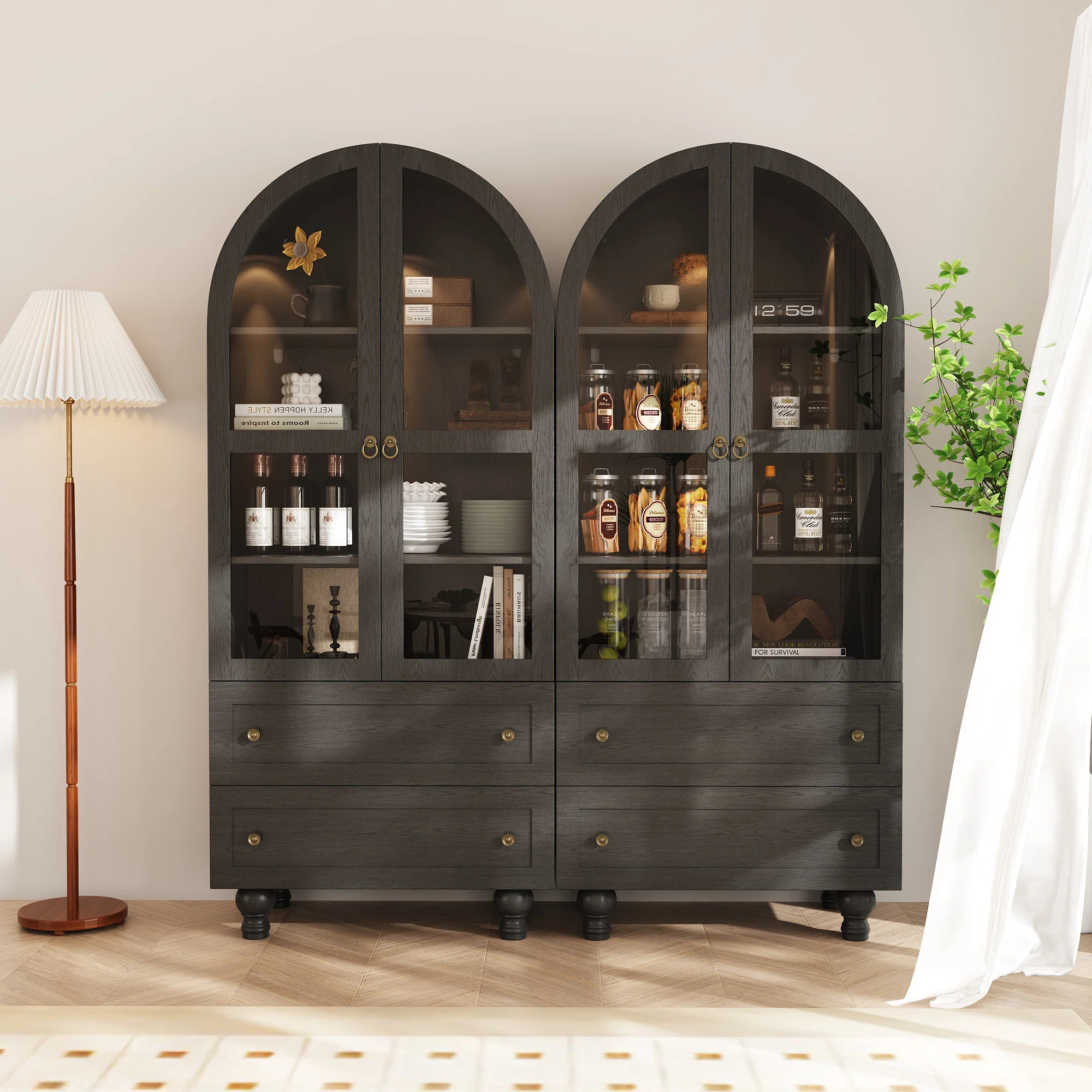 71'' Kitchen Pantry Storage Cabinet With Bookcases, Glass Display Doors and 4 Drawers(Set Of 2) | Wayfair North America