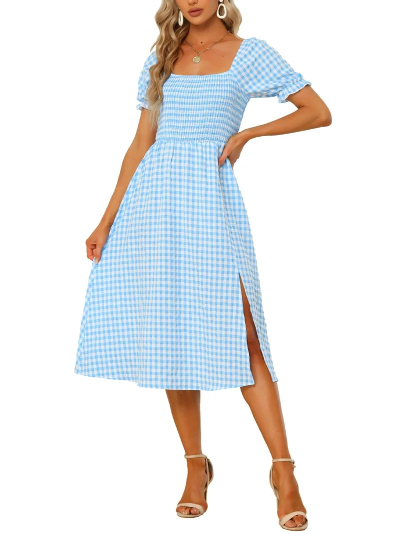 INSPIRE CHIC Women's Midi Dress Puff Short Sleeves Smocked Checks Gingham Dresses S Light Blue | Walmart (US)