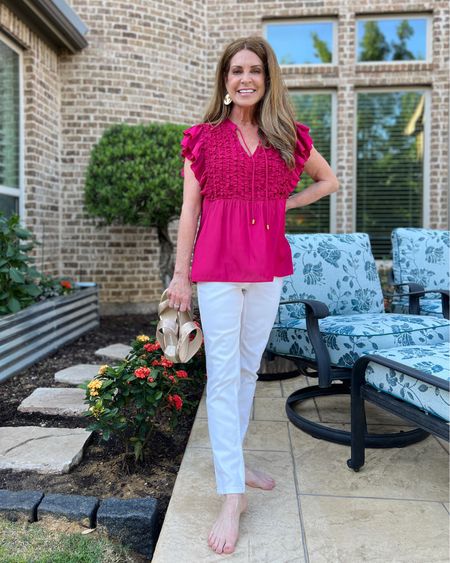 Elevated casual spring style. I’m loving my new white pull-on slim jeans because they go with EVERYTHING! I paired it with two different tunics for the carefree sunny days we’ve been having. Paired with fun gold sandals and gold dangle earrings. 
#petitefashion #over50fashion #datenight #outfitinspo

#LTKShoeCrush #LTKSeasonal #LTKStyleTip