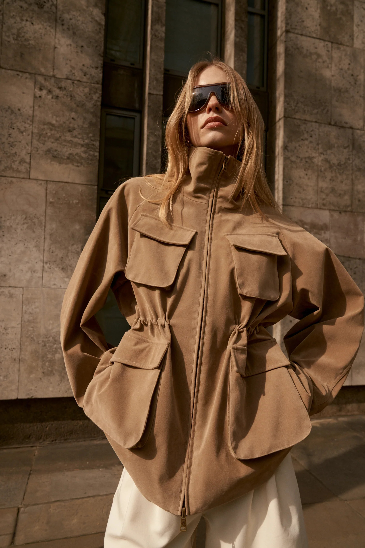FAUX SUEDE BELLOW POCKET RUCHED WAIST JACKET - BEIGE | The Couture Club