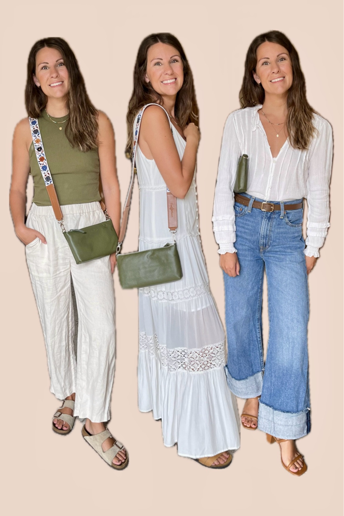 Linked my Tin Marin bag in green and my fun colorful strap (handmade and AMAZING QUALITY!) I also linked a larger bag in the same green color in case that’s more your style! 

when you bundle a bag with a strap you can use code BUNDLE at checkout and get 30% off the mai strap 👜

First outfit: The green tank is older so I linked similar. Size small. My pants are a size xs in the sand color. I also linked the tapered pair that is super similar! 
Second outfit: wearing size medium in the dress!
Third outfit: wearing a size xs in the top and true size 25 in the jeans. There is some gapping. I cuffed my jeans myself with hem tape, and I also linked an already cuffed pair from loft. 


#LTKStyleTip #LTKItBag #LTKSeasonal