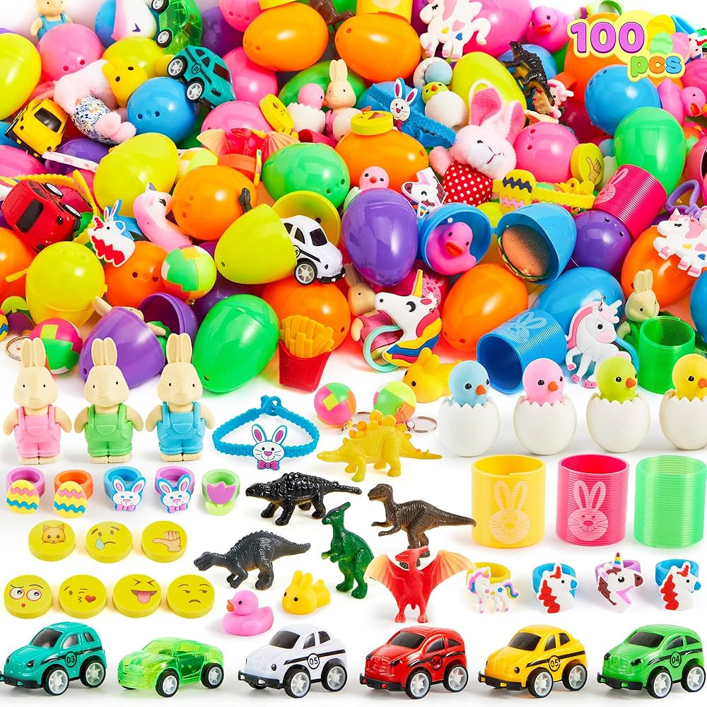 JOYIN 100 Pcs Prefilled Easter Eggs with Toys Plus Stickers, Filled with Toys Party Favors for Ki... | Amazon (US)