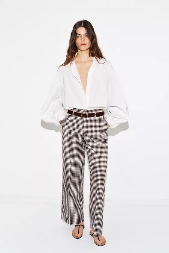 GINGHAM BELTED STRAIGHT PANTS | Zara US