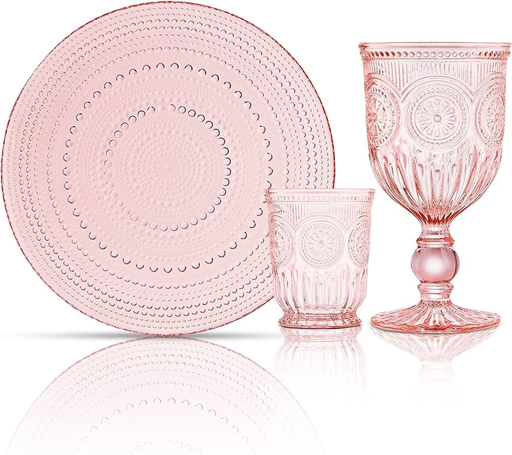 Yungala Pink Glassware Set of 6 Pink Wine Glasses, 6 Pink Tumblers and 4 Glass Plates - Matching ... | Amazon (US)