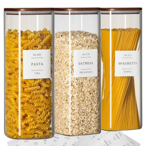 3Pack Square Glass Pasta Storage Containers Walnut Wood Lid 70oz+132 Labels | Amazon (US)