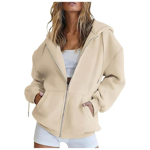 Zip Up Hoodie Women Y2K Oversized Sweatshirts Long Sleeve Fleece Jacket Pockets 2024 Fall Casual Fashion Clothes Beige | Amazon (US)