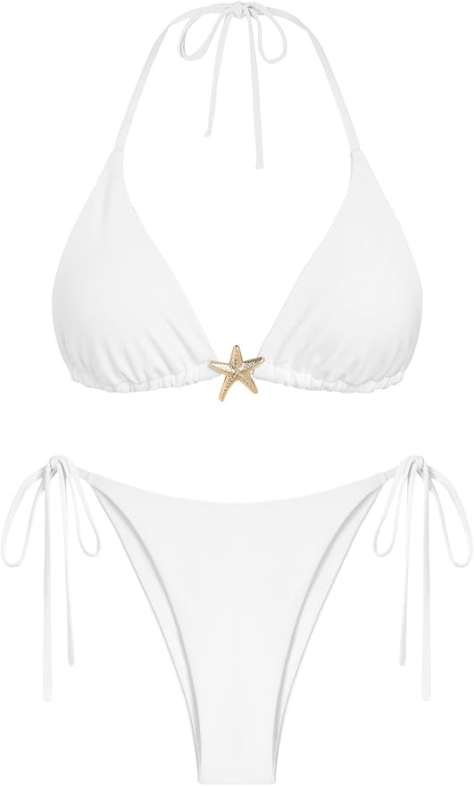 ZAFUL Women's Sexy Halter Bikini Sets Beads Tie Side Solid Triangle Thong Swimsuit Two Piece Chee... | Amazon (US)