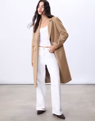Stradivarius Long straight coat in camel | ASOS | ASOS (Global)